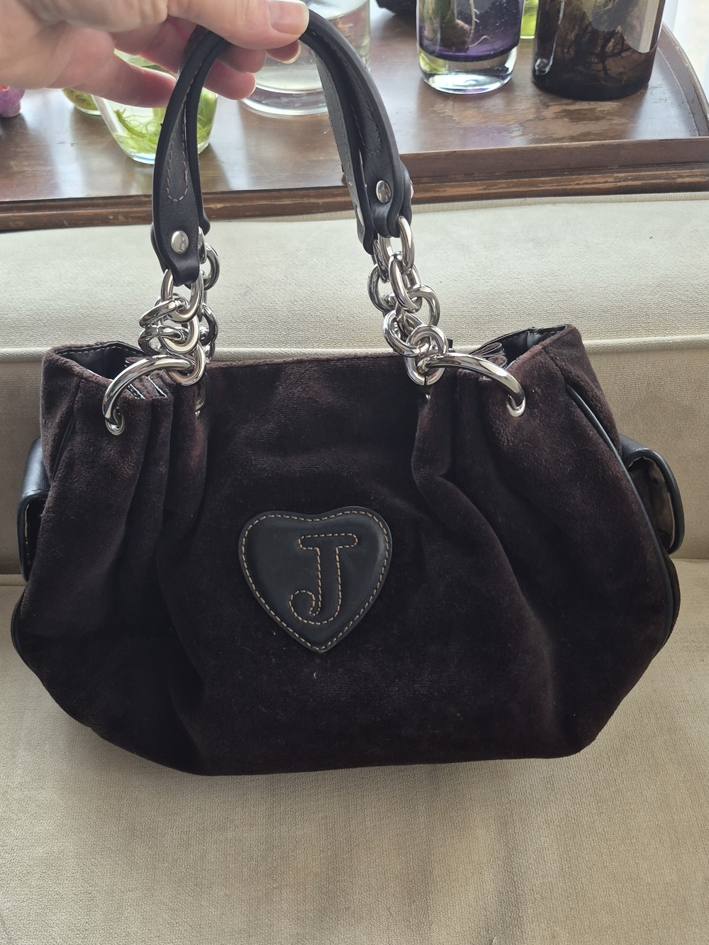 Vintage Juicy Couture Daydreamer Velour Tote Bag Brown Y2K Silver Crest Heart - Picture 3 of 17